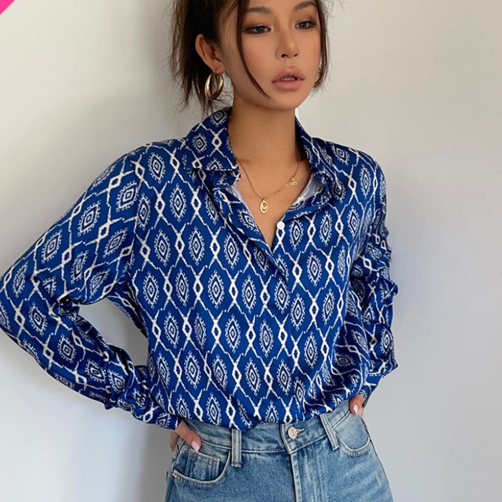 ZARA Blue Geometric Button Down Shirt Long Sleeve Top Size XS